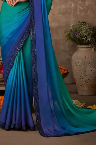 Blue Silk Chiffon Stylish Embellished Saree,Sari Comes With Embroidered Blouse
