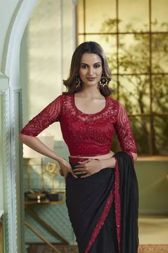 Reboot fashions black chiffon beautiful embellished saree,sari comes with embroidered blouse