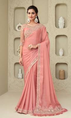 Peach Silk Beautiful Embellished Saree,Sari Comes With Embroidered Blouse 1