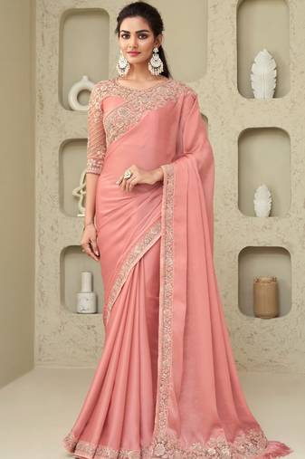 Peach Silk Beautiful Embellished Saree,Sari Comes With Embroidered Blouse
