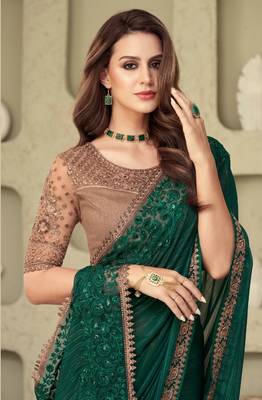 Dark Green Silk Beautiful Embellished Saree,Sari Comes With Embroidered Blouse 2
