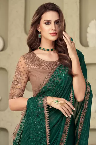 Dark Green Silk Beautiful Embellished Saree,Sari Comes With Embroidered Blouse