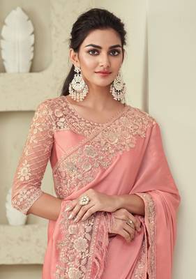 Peach Silk Beautiful Embellished Saree,Sari Comes With Embroidered Blouse 2