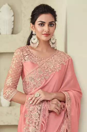 Peach Silk Beautiful Embellished Saree,Sari Comes With Embroidered Blouse