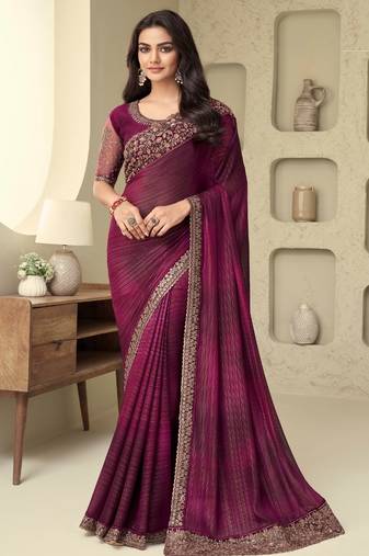 Wine Silk Beautiful Embellished Saree,Sari Comes With Embroidered Blouse