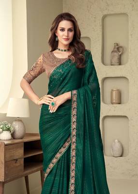 Dark Green Silk Beautiful Embellished Saree,Sari Comes With Embroidered Blouse 3
