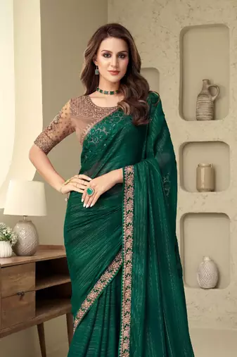 Dark Green Silk Beautiful Embellished Saree,Sari Comes With Embroidered Blouse