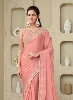 Peach Silk Beautiful Embellished Saree,Sari Comes With Embroidered Blouse 3