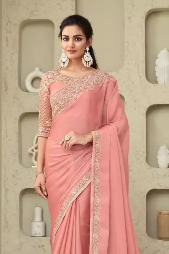 Peach Silk Beautiful Embellished Saree,Sari Comes With Embroidered Blouse