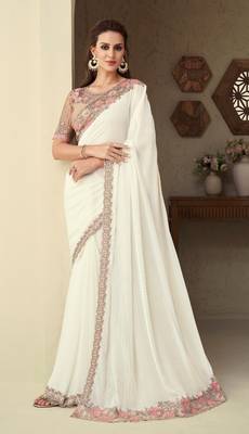 Cream Silk Beautiful Embellished Saree,Sari Comes With Embroidered Blouse 1