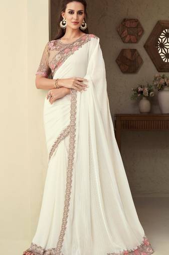 Cream Silk Beautiful Embellished Saree,Sari Comes With Embroidered Blouse