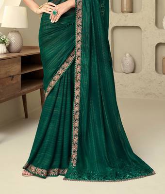 Dark Green Silk Beautiful Embellished Saree,Sari Comes With Embroidered Blouse 4