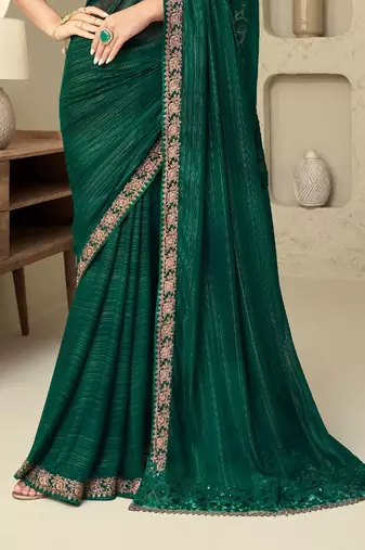 Dark Green Silk Beautiful Embellished Saree,Sari Comes With Embroidered Blouse