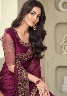 Wine Silk Beautiful Embellished Saree,Sari Comes With Embroidered Blouse 2