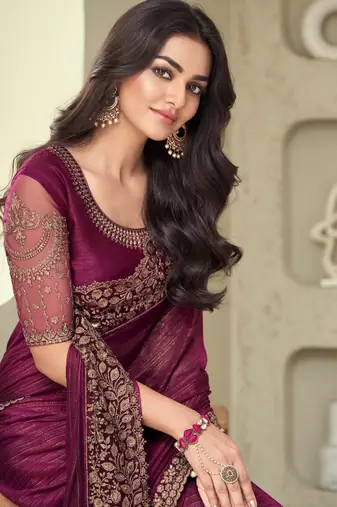 Wine Silk Beautiful Embellished Saree,Sari Comes With Embroidered Blouse