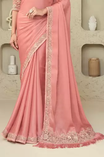 Peach Silk Beautiful Embellished Saree,Sari Comes With Embroidered Blouse