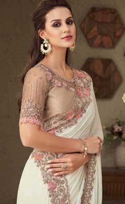 Cream Silk Beautiful Embellished Saree,Sari Comes With Embroidered Blouse 2