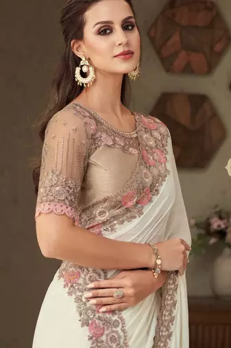 Cream Silk Beautiful Embellished Saree,Sari Comes With Embroidered Blouse