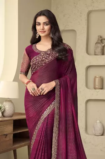 Wine Silk Beautiful Embellished Saree,Sari Comes With Embroidered Blouse