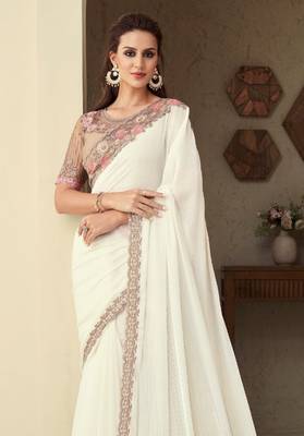 Cream Silk Beautiful Embellished Saree,Sari Comes With Embroidered Blouse 3