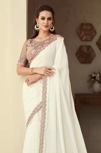 Cream Silk Beautiful Embellished Saree,Sari Comes With Embroidered Blouse