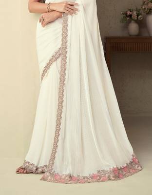 Cream Silk Beautiful Embellished Saree,Sari Comes With Embroidered Blouse 4