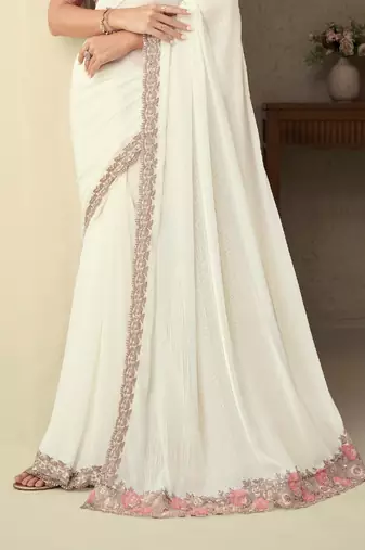 Cream Silk Beautiful Embellished Saree,Sari Comes With Embroidered Blouse