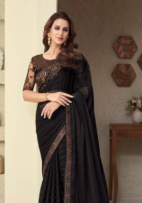 Black Silk Beautiful Embellished Saree,Sari Comes With Embroidered Blouse 3