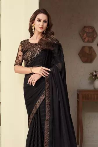 Black Silk Beautiful Embellished Saree,Sari Comes With Embroidered Blouse