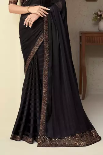 Black Silk Beautiful Embellished Saree,Sari Comes With Embroidered Blouse