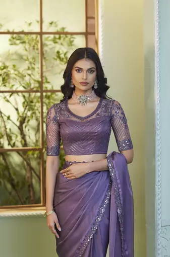 Reboot fashions voilet georgette beautiful embellished saree,sari comes with embroidered blouse