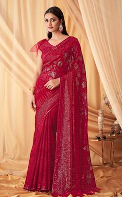 Red Georgette Beautiful Embellished Saree,Sari Comes With Embroidered Blouse 1