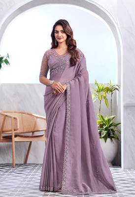 Lavender Silk Beautiful Embellished Saree,Sari Comes With Embroidered Blouse 1