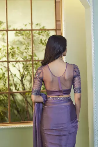 Reboot fashions voilet georgette beautiful embellished saree,sari comes with embroidered blouse