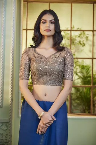 Reboot fashions blue georgette beautiful embellished saree,sari comes with embroidered blouse