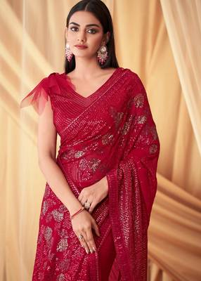 Red Georgette Beautiful Embellished Saree,Sari Comes With Embroidered Blouse 2