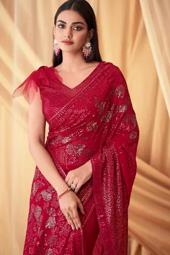Red Georgette Beautiful Embellished Saree,Sari Comes With Embroidered Blouse
