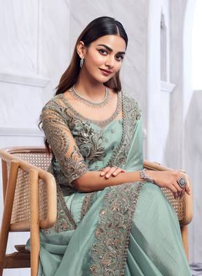 sea green silk blend beautiful embellished saree with embroidered blouse 2