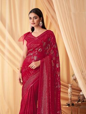 Red Georgette Beautiful Embellished Saree,Sari Comes With Embroidered Blouse 3