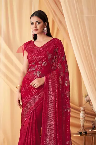 Red Georgette Beautiful Embellished Saree,Sari Comes With Embroidered Blouse