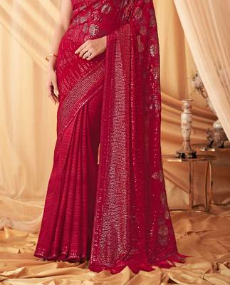 Red Georgette Beautiful Embellished Saree,Sari Comes With Embroidered Blouse 4