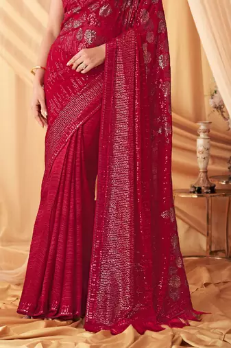 Red Georgette Beautiful Embellished Saree,Sari Comes With Embroidered Blouse