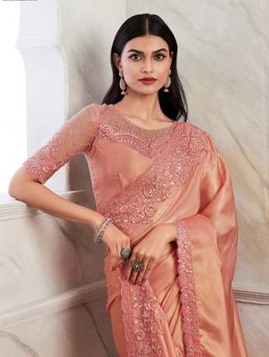 Reboot fashions peach silk traditional embellished saree,sari comes with embroidered blouse 2