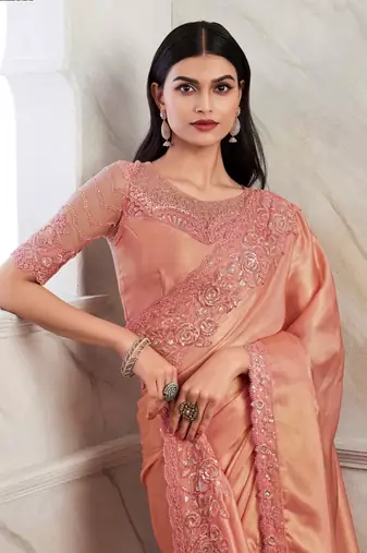 Reboot fashions peach silk traditional embellished saree,sari comes with embroidered blouse