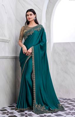 Teal Silk Traditional Embellished Saree,Sari Comes With Embroidered Blouse 1