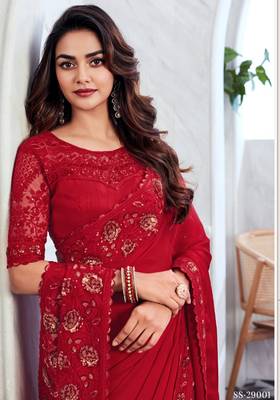 Reboot fashions red silk traditional embellished saree,sari comes with embroidered blouse 2