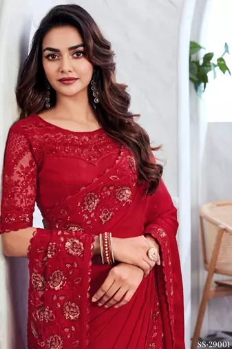 Reboot fashions red silk traditional embellished saree,sari comes with embroidered blouse