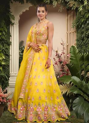 Yellow Thread with Plastic Mirror Embroidery Georgette Lehenga Choli with Dupatta 5