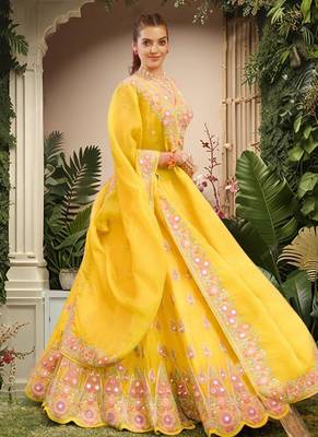 Yellow Thread with Plastic Mirror Embroidery Georgette Lehenga Choli with Dupatta 6