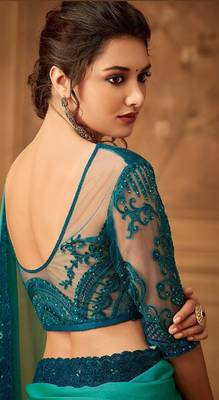 Green Silk Chiffon Stylish Embellished Saree,Sari Comes With Embroidered Blouse 4